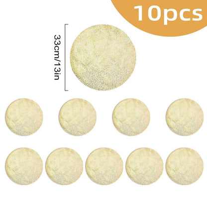 Leeseph Disposable Gold Placemats Set featuring ten round, textured gold placemats measuring 33cm each with a glittery finish