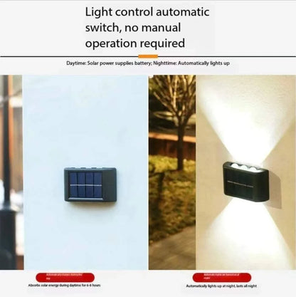 Outdoor Waterproof Fence Lamp in black with solar panel and automatic light sensor, casting dual beam illumination on wall