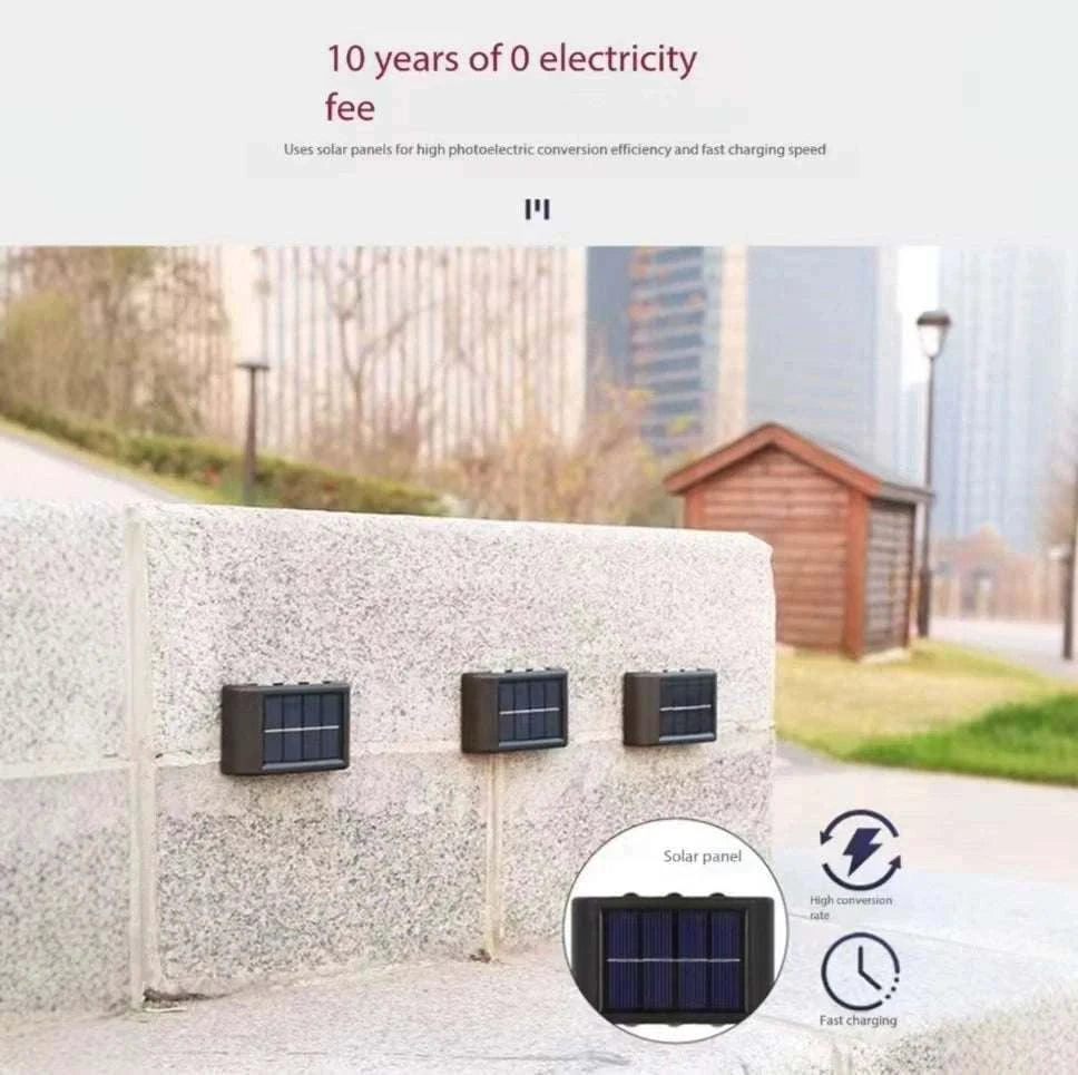 Outdoor Waterproof Fence Lamp with black solar panels mounted on a grey concrete wall for eco-friendly garden lighting