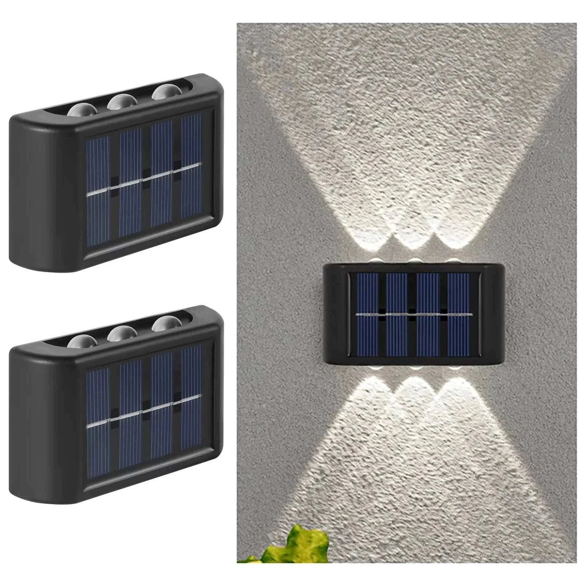 Outdoor Waterproof Fence Lamp in black with a rectangular shape and solar panels, emitting symmetrical upward and downward white lights