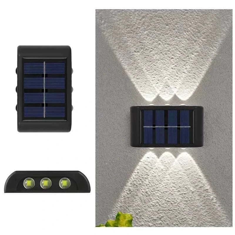 Outdoor Waterproof Fence Lamp with black casing, solar panels, and triple LED lights casting decorative beams on a wall