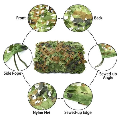 Premium Camouflage Netting in green, brown, and beige with nylon net, sewn-up edges, side ropes, and angled seams for outdoor use