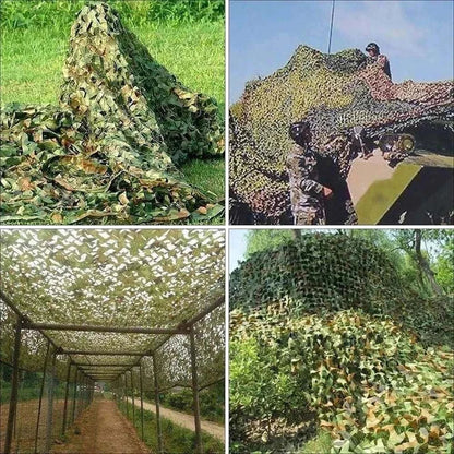Premium Camouflage Netting in green and brown tones, showing various outdoor uses including draped over structures and natural terrain for concealment
