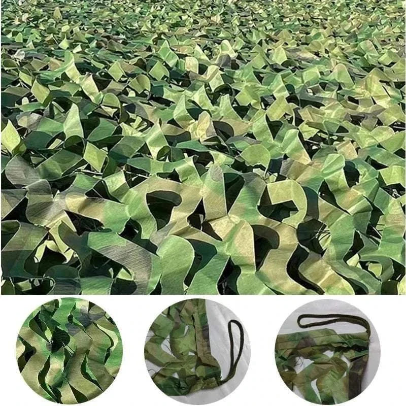 Premium Camouflage Netting with green, brown, and black camouflage pattern made of lightweight, durable mesh fabric with reinforced edges