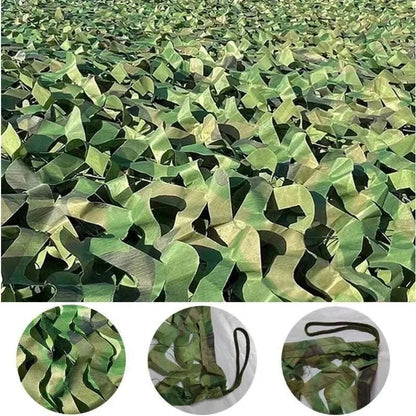 Premium Camouflage Netting with green, brown, and black camouflage pattern made of lightweight, durable mesh fabric with reinforced edges
