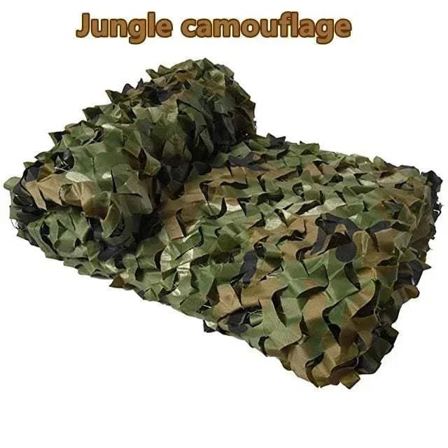 Premium Camouflage Netting in green, brown, and black jungle camouflage pattern, shown folded in a textured camo design