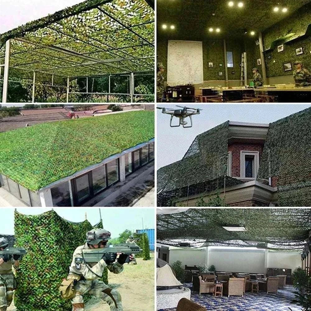 Premium Camouflage Netting in green and brown tones shown used as an outdoor shade, indoor ceiling cover, rooftop camouflage, and military use netting
