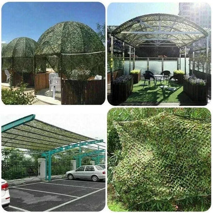 Premium Camouflage Netting in natural green and brown tones used as outdoor shade structures, patio cover, car park shade, and decorative mesh