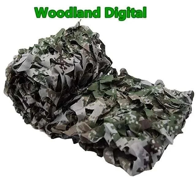 Premium Camouflage Netting in woodland digital pattern with green, gray, and black pixelated shapes, flexible and textured material
