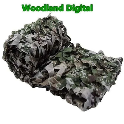 Premium Camouflage Netting in woodland digital pattern with green, gray, and black pixelated shapes, flexible and textured material