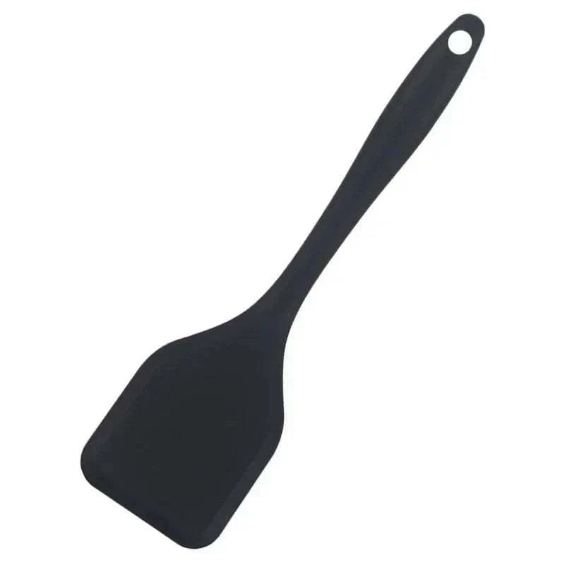 Silicone Cooking Spatula in solid black with a flexible flat head and a long handle with a hole for hanging