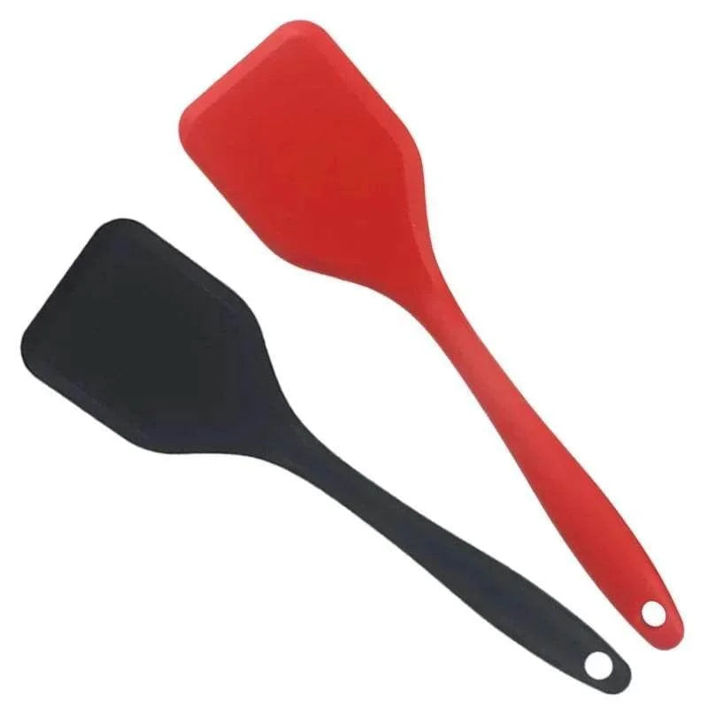 Silicone Cooking Spatula set with one red and one black flexible silicone head and ergonomic handles