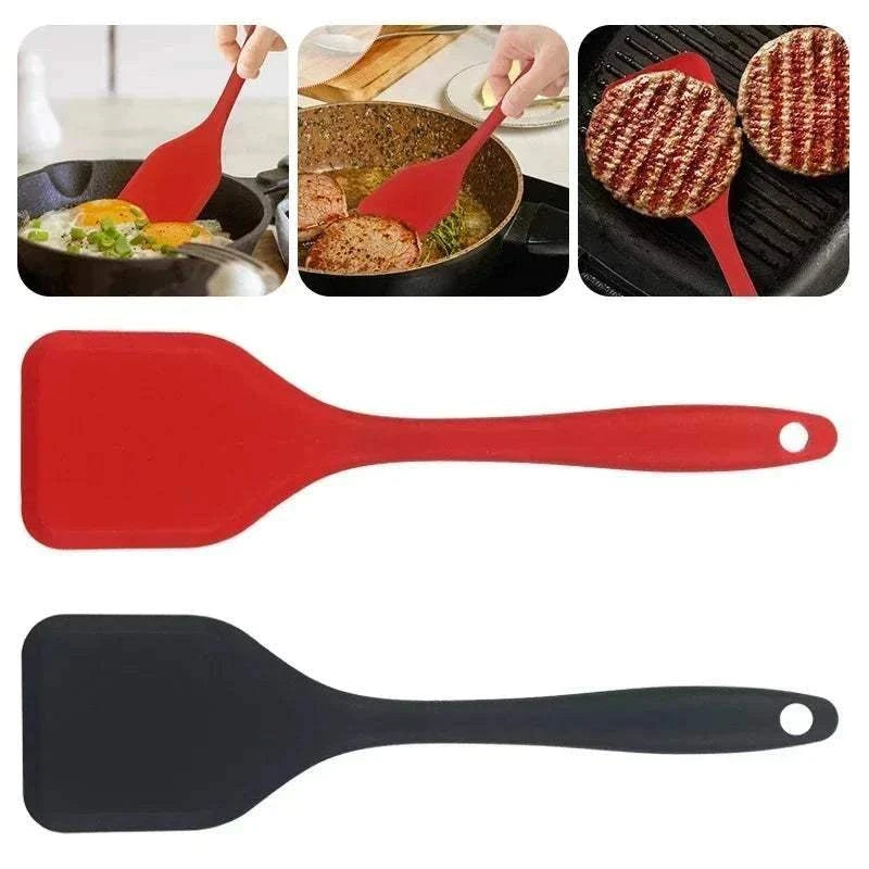 Silicone Cooking Spatula set featuring red and black flexible silicone heads with ergonomic handles for stirring and flipping food