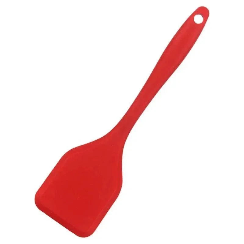 Red Silicone Cooking Spatula with flexible head and ergonomic handle featuring a hanging hole for easy storage