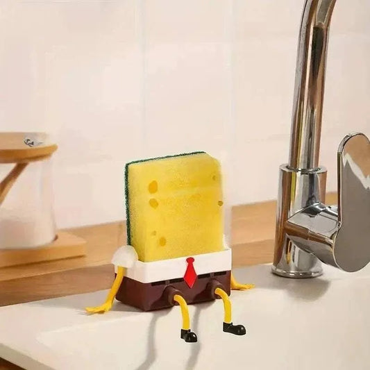 Sink Shelf Drainage sponge holder designed as a cartoon character with yellow sponge, white shirt, red tie, and brown base