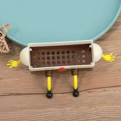 Sink Shelf Drainage kitchen rack with a rectangular brown basket, white sides, yellow arms and legs, and ventilation holes for water flow