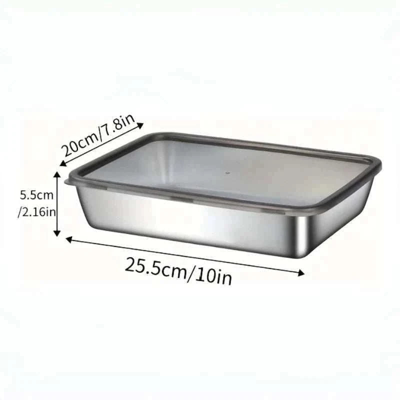 Stainless Steel Food Storage Container rectangular shape with a clear plastic lid and stainless steel body measuring 25.5cm by 20cm by 5.5cm
