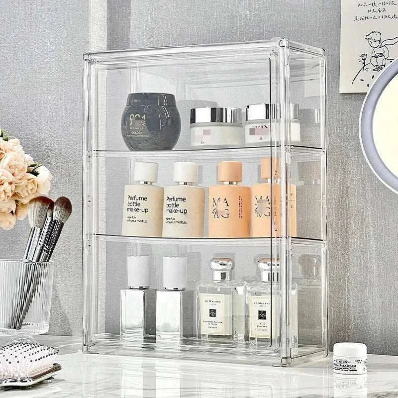 Transparent Acrylic Organizer with clear shelves storing various cosmetic jars and perfume bottles, showcasing a clean and modern design