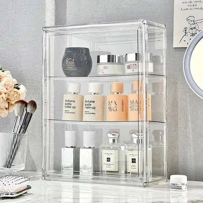 Transparent Acrylic Organizer with clear shelves storing various cosmetic jars and perfume bottles, showcasing a clean and modern design