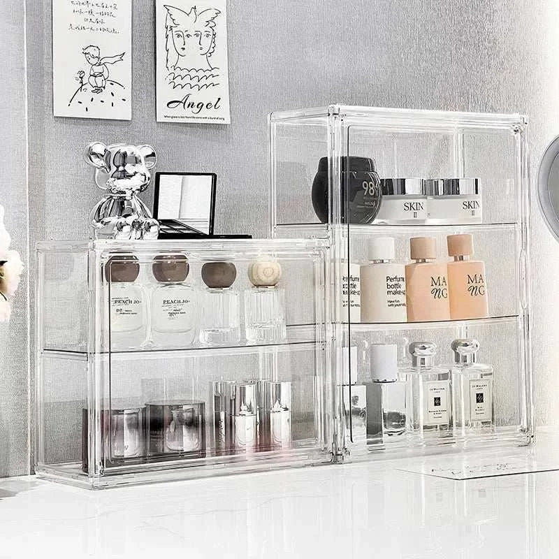 Transparent Acrylic Organizer storage boxes with clear shelves holding skincare and cosmetic products in a minimalist setting