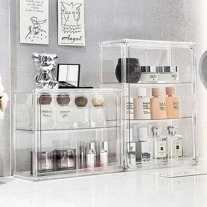 Transparent Acrylic Organizer storage boxes with clear shelves holding skincare and cosmetic products in a minimalist setting